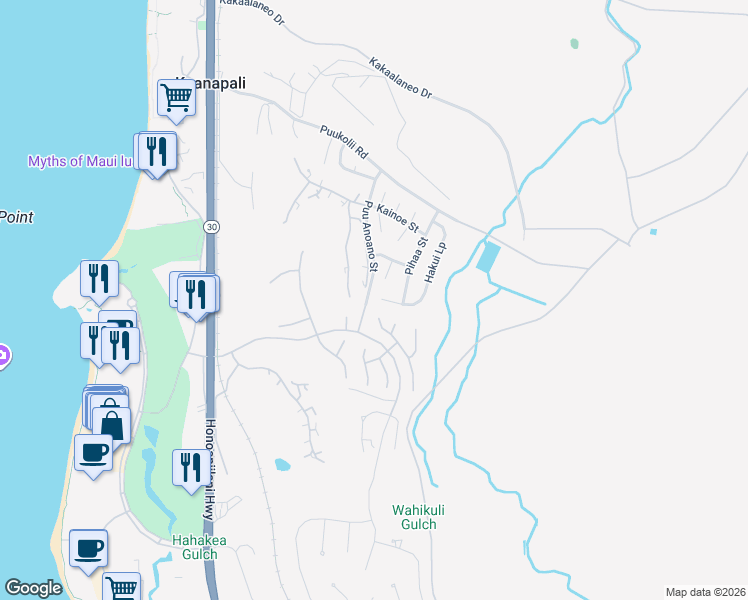 map of restaurants, bars, coffee shops, grocery stores, and more near 213 Hakui Place in Lahaina