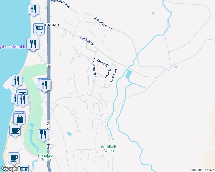 map of restaurants, bars, coffee shops, grocery stores, and more near 148 Hakui Loop in Lahaina