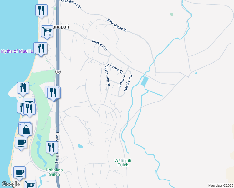 map of restaurants, bars, coffee shops, grocery stores, and more near 174 Pihaa Street in Lahaina