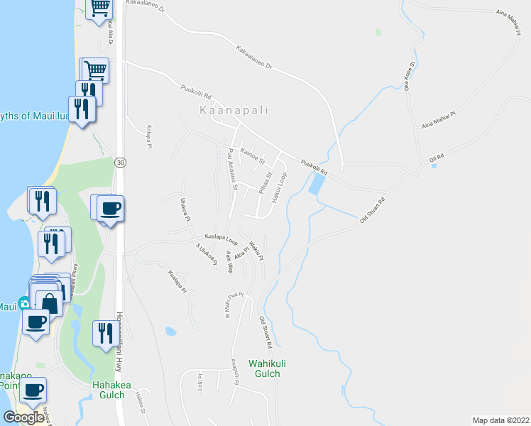 map of restaurants, bars, coffee shops, grocery stores, and more near 148 Hakui Loop in Lahaina