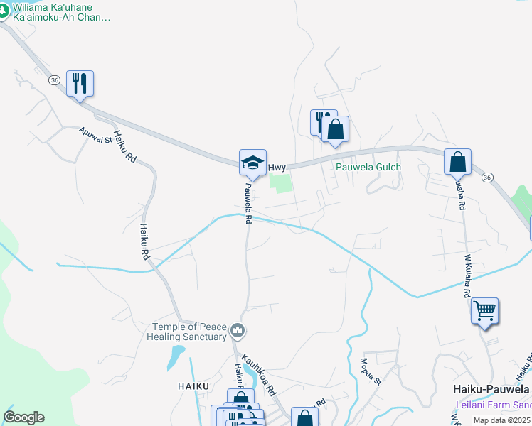 map of restaurants, bars, coffee shops, grocery stores, and more near 2830 West Lelehuna Place in Haiku-Pauwela