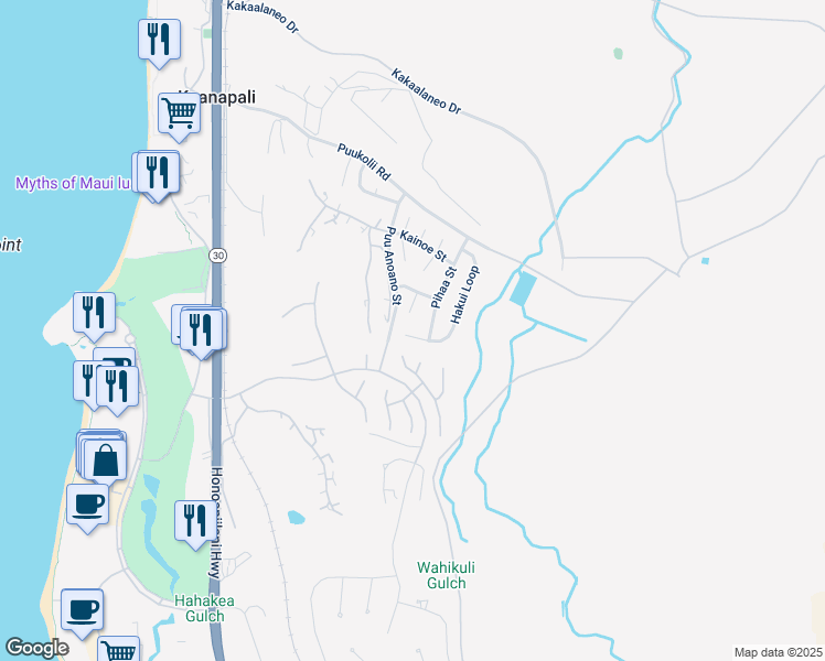 map of restaurants, bars, coffee shops, grocery stores, and more near 196 Hakui Place in Lahaina