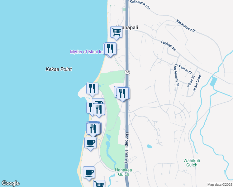 map of restaurants, bars, coffee shops, grocery stores, and more near 2661 Kekaa Drive in Lahaina
