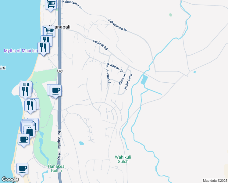 map of restaurants, bars, coffee shops, grocery stores, and more near 196 Hakui Place in Lahaina