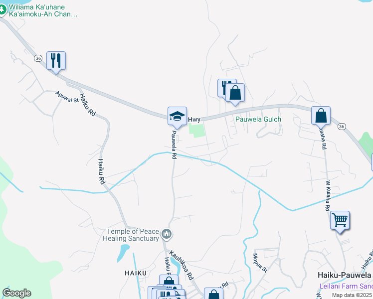 map of restaurants, bars, coffee shops, grocery stores, and more near 2830 West Lelehuna Place in Haiku-Pauwela