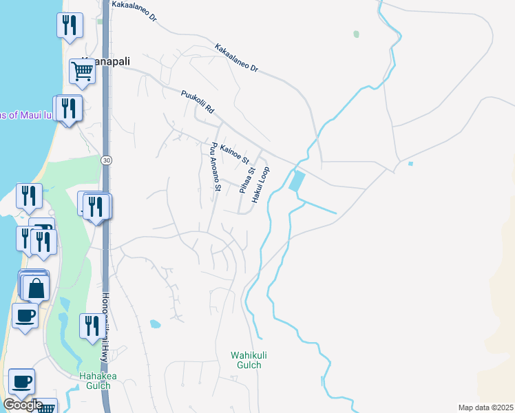 map of restaurants, bars, coffee shops, grocery stores, and more near 133 Hakui Loop in Lahaina