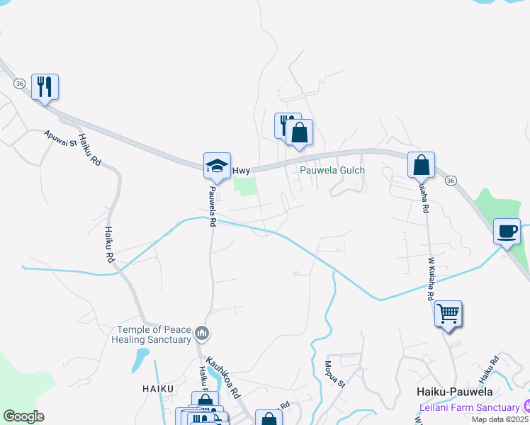 map of restaurants, bars, coffee shops, grocery stores, and more near 51 Kanoenoe Loop in Haiku-Pauwela