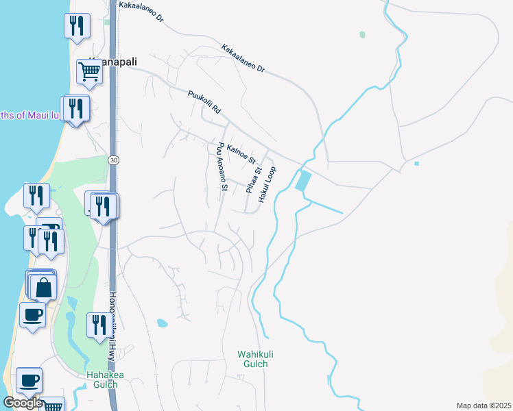 map of restaurants, bars, coffee shops, grocery stores, and more near 136 Hakui Loop in Lahaina