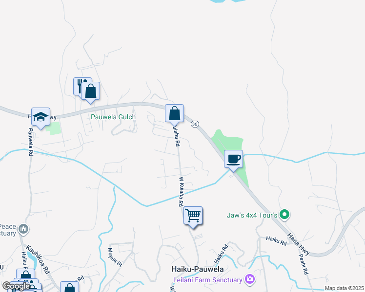 map of restaurants, bars, coffee shops, grocery stores, and more near 107 West Kuiaha Road in Haiku-Pauwela