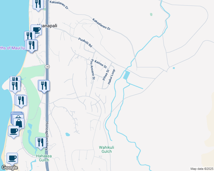 map of restaurants, bars, coffee shops, grocery stores, and more near 136 Hakui Loop in Lahaina