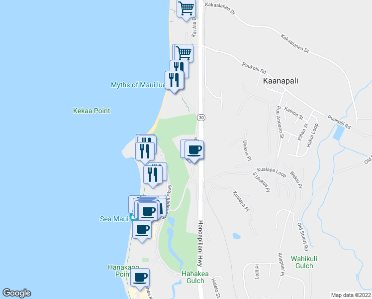 map of restaurants, bars, coffee shops, grocery stores, and more near 2661 Kekaa Drive in Lahaina