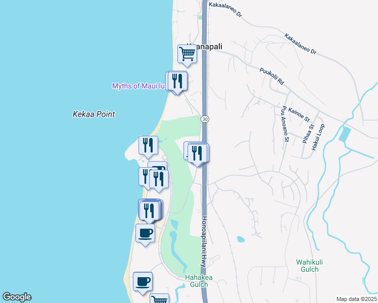 map of restaurants, bars, coffee shops, grocery stores, and more near 2661 Kekaa Drive in Lahaina