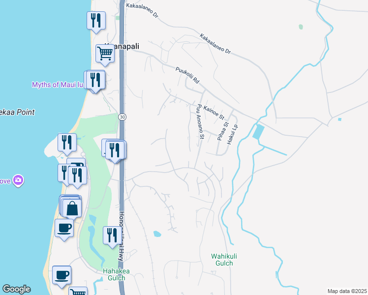 map of restaurants, bars, coffee shops, grocery stores, and more near 50 Puu Anoano Street in Lahaina