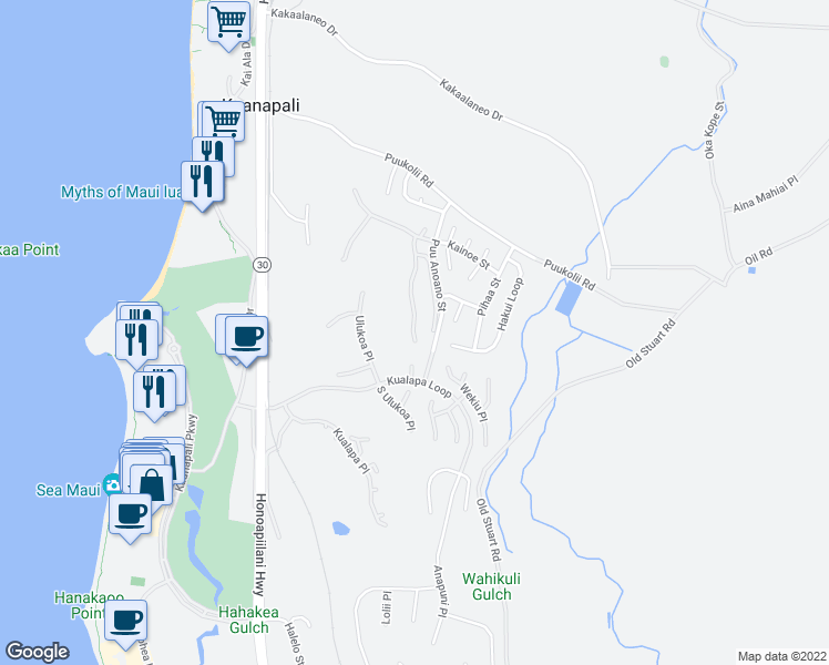 map of restaurants, bars, coffee shops, grocery stores, and more near 50 Puu Anoano Street in Lahaina
