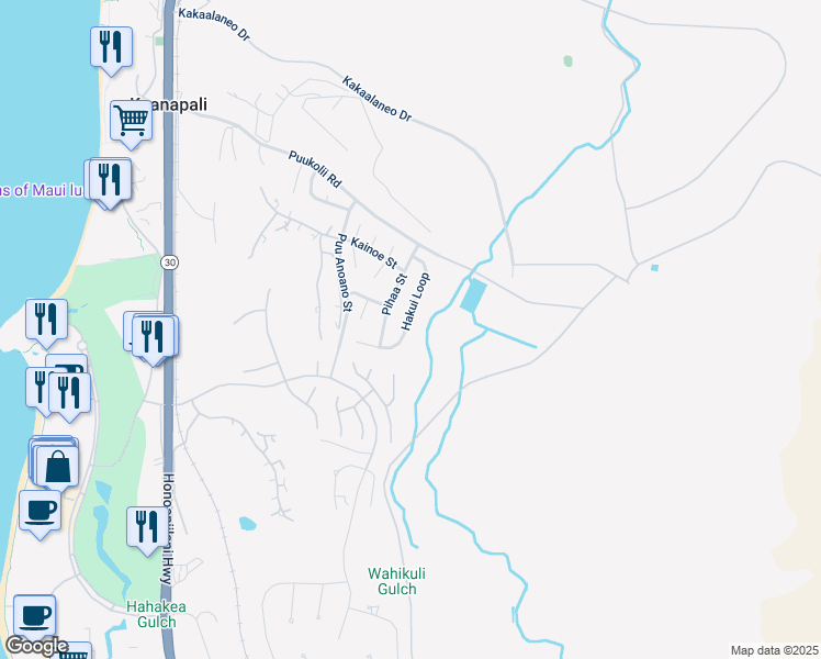 map of restaurants, bars, coffee shops, grocery stores, and more near 127 Hakui Loop in Lahaina