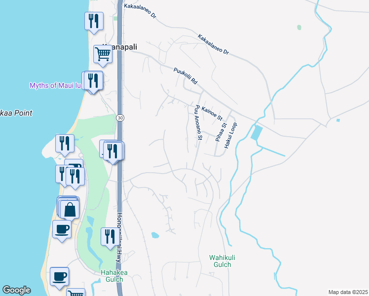 map of restaurants, bars, coffee shops, grocery stores, and more near 50 Puu Anoano Street in Lahaina
