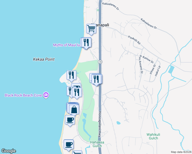 map of restaurants, bars, coffee shops, grocery stores, and more near 2661 Kekaa Drive in Lahaina