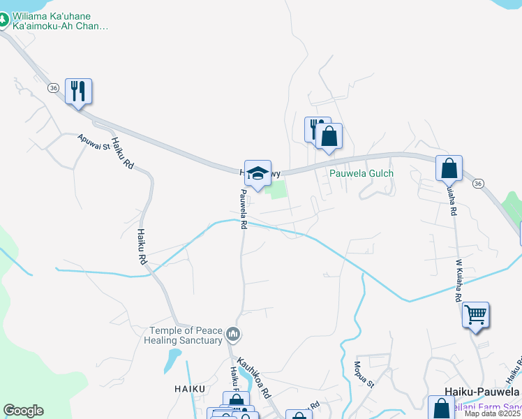 map of restaurants, bars, coffee shops, grocery stores, and more near 2835 West Lelehuna Place in Haiku-Pauwela