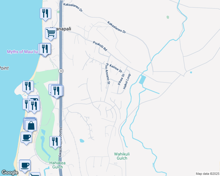 map of restaurants, bars, coffee shops, grocery stores, and more near 162 Eke Place in Lahaina