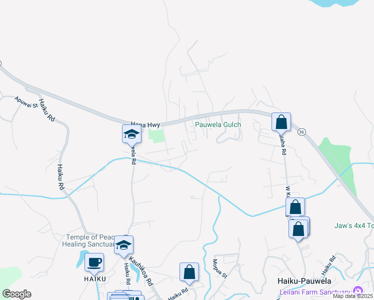 map of restaurants, bars, coffee shops, grocery stores, and more near 51 Kanoenoe Loop in Haiku-Pauwela