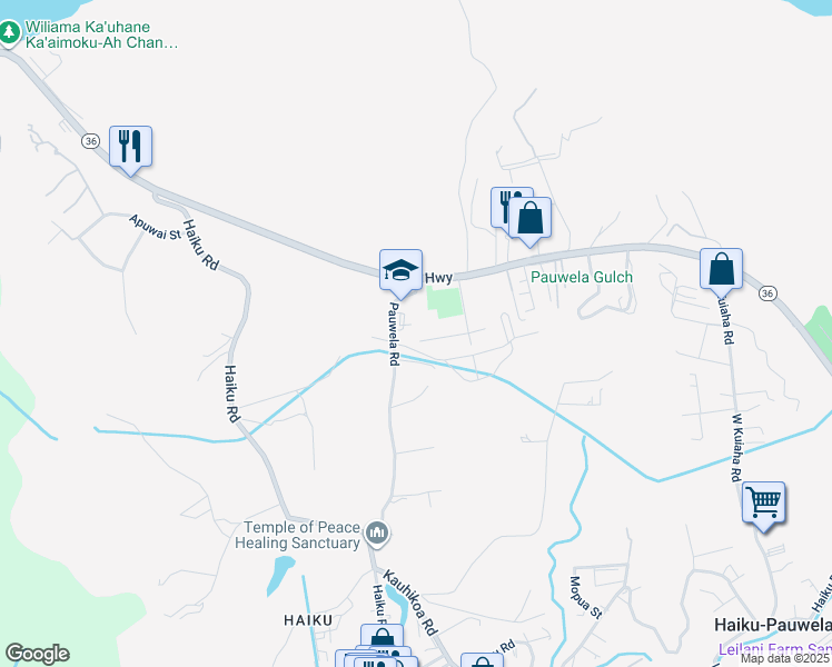 map of restaurants, bars, coffee shops, grocery stores, and more near 2829 West Lelehuna Place in Haiku-Pauwela