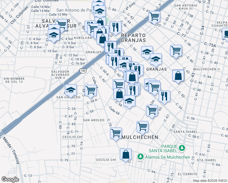 map of restaurants, bars, coffee shops, grocery stores, and more near Calle 59 in Kanasín