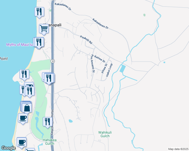 map of restaurants, bars, coffee shops, grocery stores, and more near 162 Eke Place in Lahaina