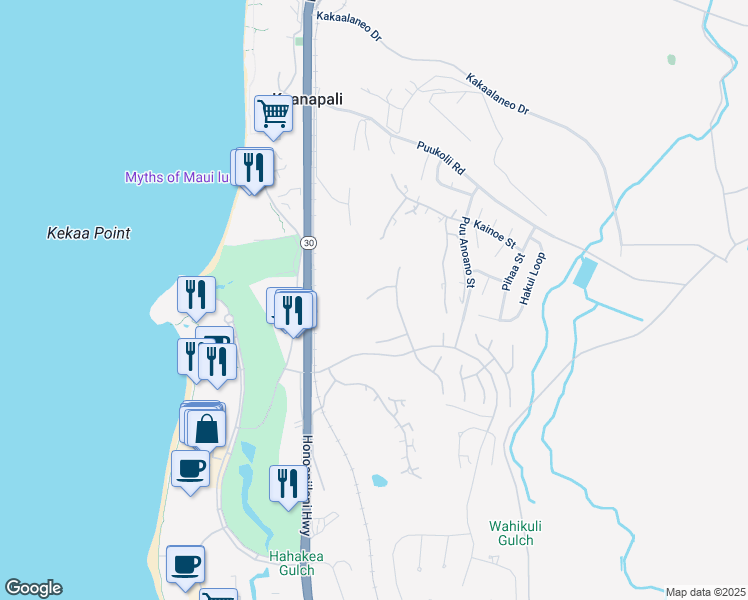 map of restaurants, bars, coffee shops, grocery stores, and more near 180 Kalaihi Place in Lahaina