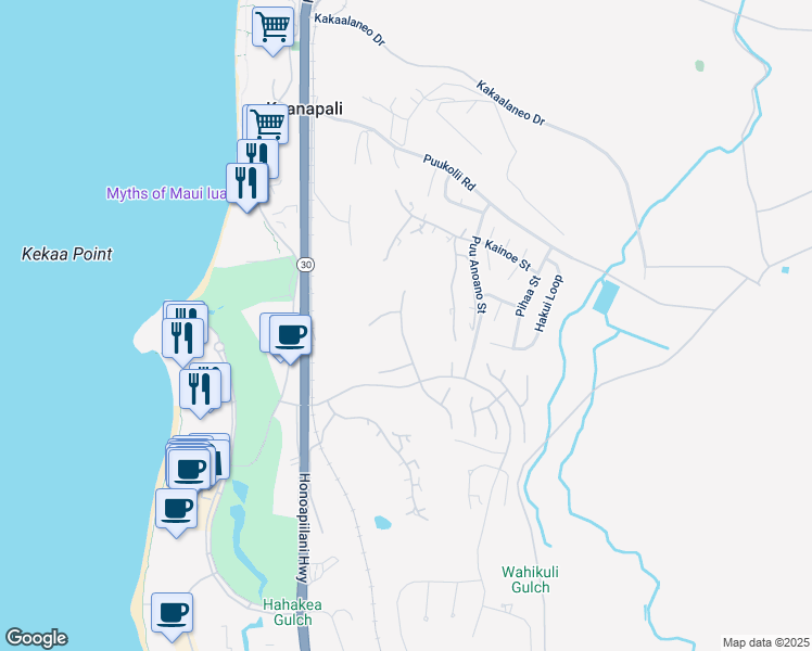 map of restaurants, bars, coffee shops, grocery stores, and more near 175 Ulukoa Place in Lahaina