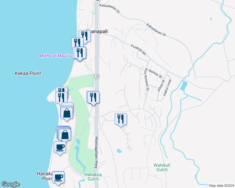 map of restaurants, bars, coffee shops, grocery stores, and more near 180 Kalaihi Place in Lahaina