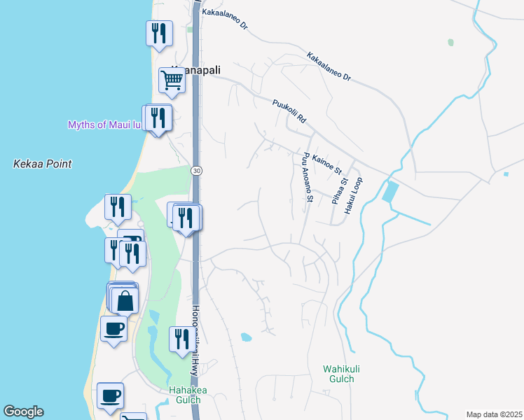 map of restaurants, bars, coffee shops, grocery stores, and more near 175 Ulukoa Place in Lahaina