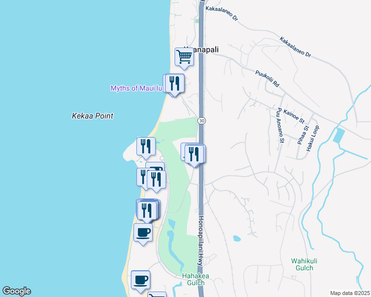 map of restaurants, bars, coffee shops, grocery stores, and more near 2661 Kekaa Drive in Lahaina