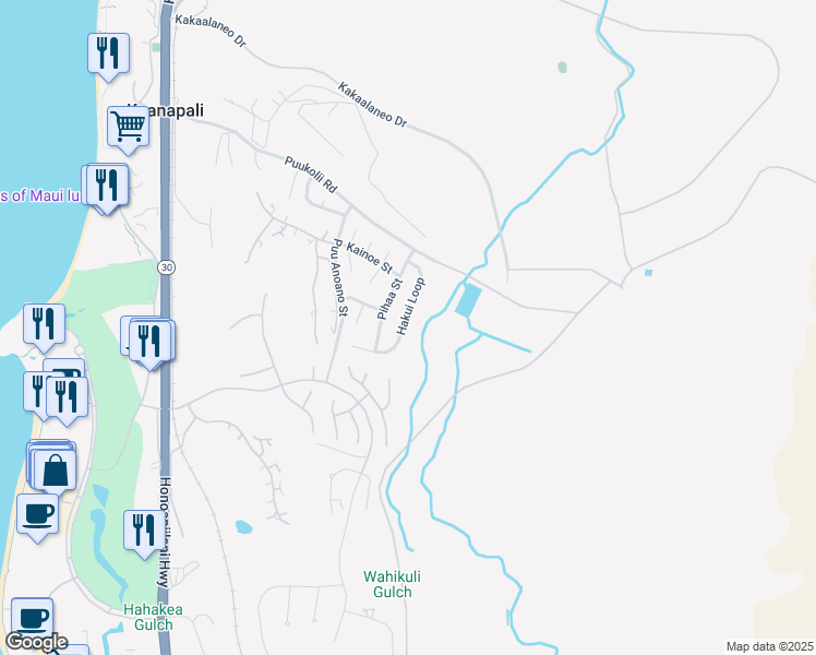 map of restaurants, bars, coffee shops, grocery stores, and more near 117 Hakui Loop in Lahaina