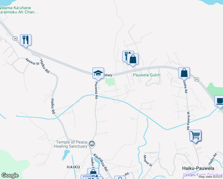 map of restaurants, bars, coffee shops, grocery stores, and more near 2877 West Lelehuna Place in Haiku-Pauwela