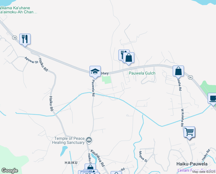 map of restaurants, bars, coffee shops, grocery stores, and more near 2877 West Lelehuna Place in Haiku-Pauwela
