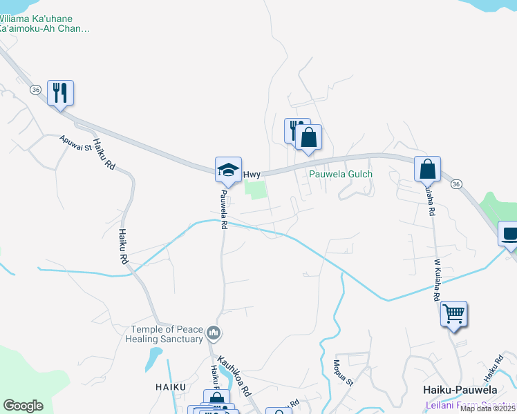 map of restaurants, bars, coffee shops, grocery stores, and more near 2877 West Lelehuna Place in Haiku-Pauwela