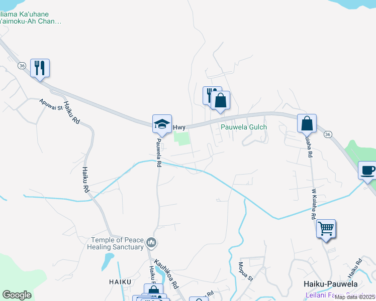 map of restaurants, bars, coffee shops, grocery stores, and more near 2889 West Lelehuna Place in Haiku-Pauwela