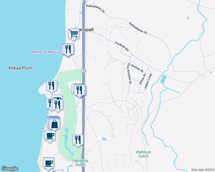 map of restaurants, bars, coffee shops, grocery stores, and more near 210 Kalaihi Place in Lahaina