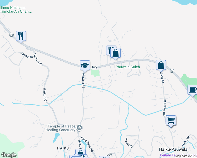 map of restaurants, bars, coffee shops, grocery stores, and more near 2889 West Lelehuna Place in Haiku-Pauwela