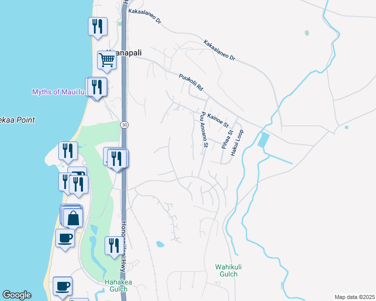 map of restaurants, bars, coffee shops, grocery stores, and more near 50 Puu Anoano Street in Lahaina