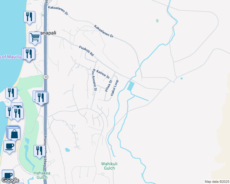 map of restaurants, bars, coffee shops, grocery stores, and more near 107 Hakui Loop in Lahaina