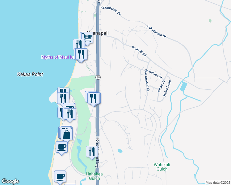 map of restaurants, bars, coffee shops, grocery stores, and more near 175 Kalaihi Place in Lahaina