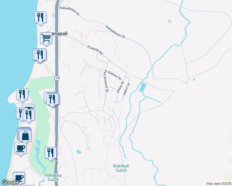 map of restaurants, bars, coffee shops, grocery stores, and more near 134 Pihaa Street in Lahaina