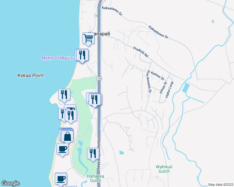map of restaurants, bars, coffee shops, grocery stores, and more near 175 Kalaihi Place in Lahaina
