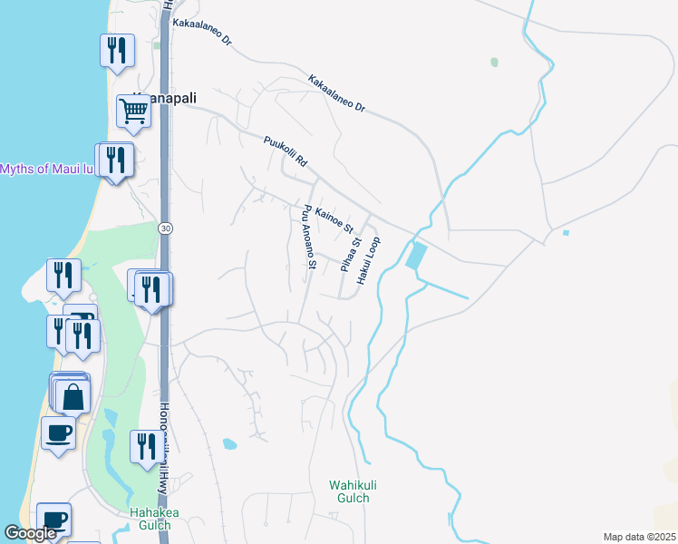 map of restaurants, bars, coffee shops, grocery stores, and more near 134 Pihaa Street in Lahaina