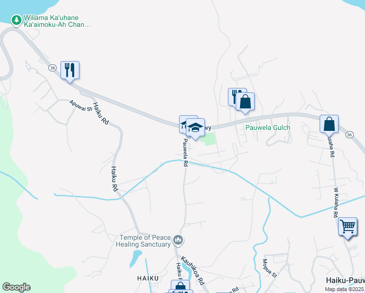map of restaurants, bars, coffee shops, grocery stores, and more near 50 Pauwela Road in Haiku-Pauwela