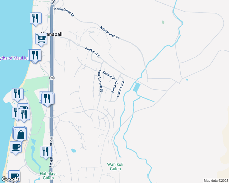 map of restaurants, bars, coffee shops, grocery stores, and more near 125 Pihaa Street in Lahaina