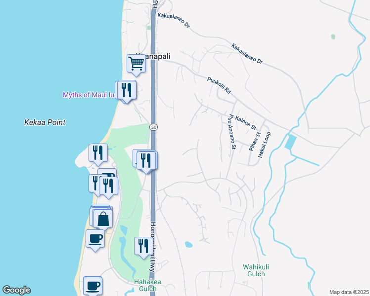 map of restaurants, bars, coffee shops, grocery stores, and more near 185 Kalaihi Place in Lahaina