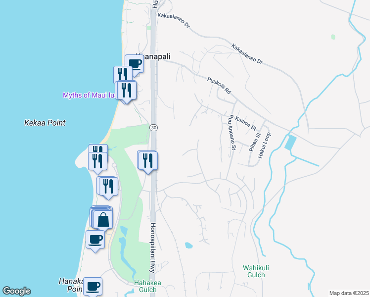 map of restaurants, bars, coffee shops, grocery stores, and more near 185 Kalaihi Place in Lahaina