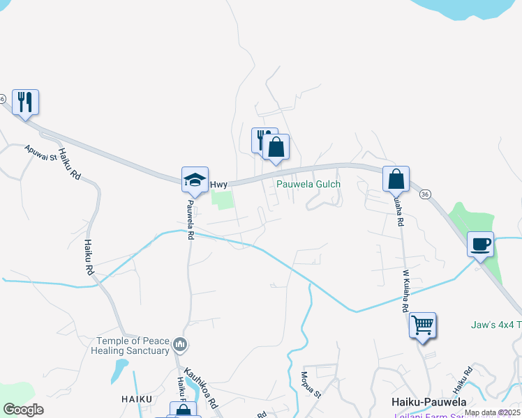 map of restaurants, bars, coffee shops, grocery stores, and more near 51 Kanoenoe Loop in Haiku-Pauwela